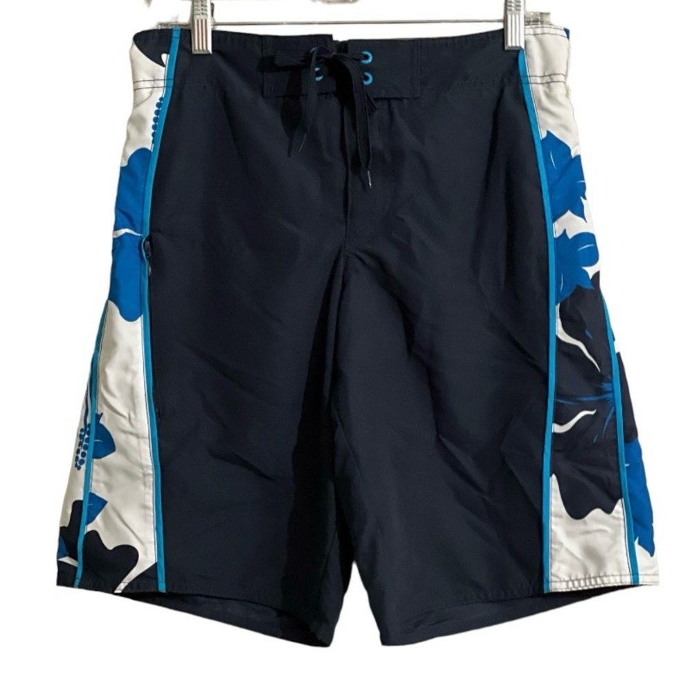 Hang Ten Swimming Trunks Men's Shorts Small Lined Navy Blue Tropical